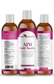 Three amber plastic bottles of Howe Essentials AJM Body Soothe shown from the back, side, and front labels on a white background.