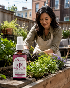 Woman gardening with AJM Body Soothe nearby for post-activity body care