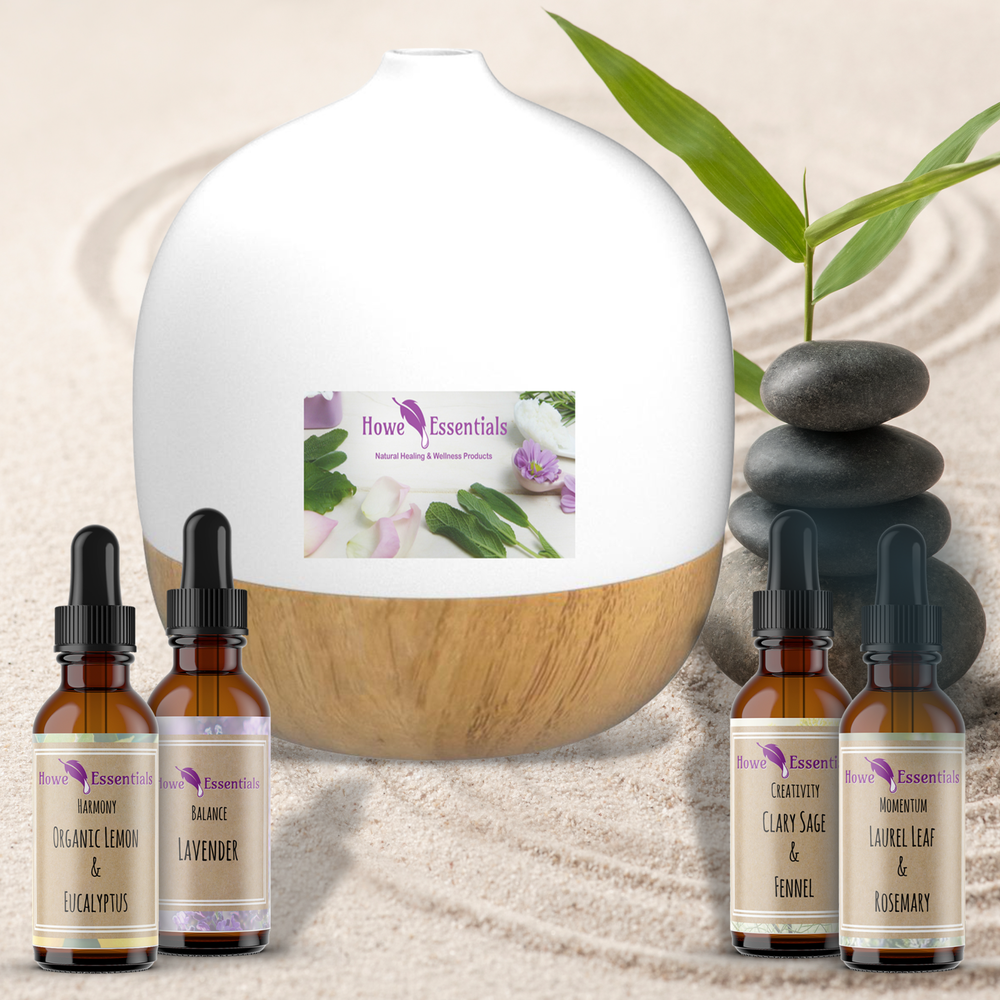 Howe Essentials Mental Wellness Aromatherapy Collection with four botanical blends. 'Harmony Blend', 'Creativity Blend', 'Momentum Blend', and 'Balance Blend'.