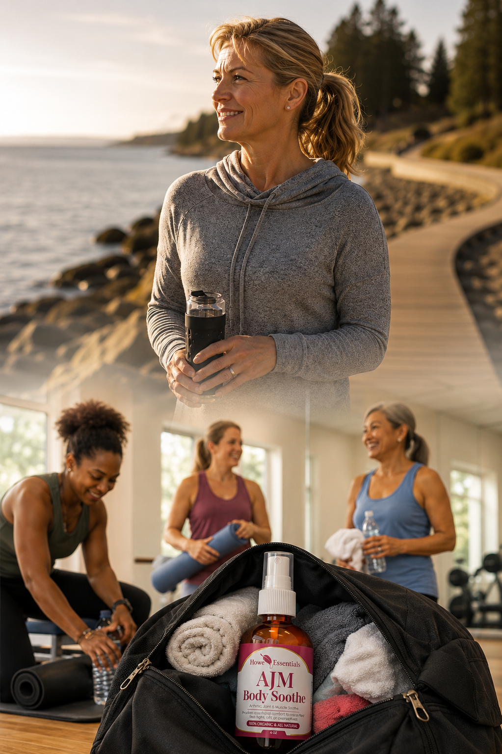 AJM Body Soothe post-workout massage oil in a gym bag with active women after exercise