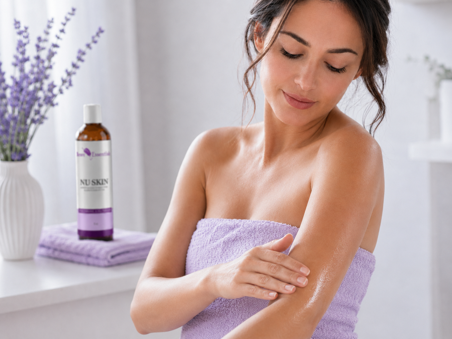 Woman applying NU SKIN Body Oil to slightly damp skin after bathing