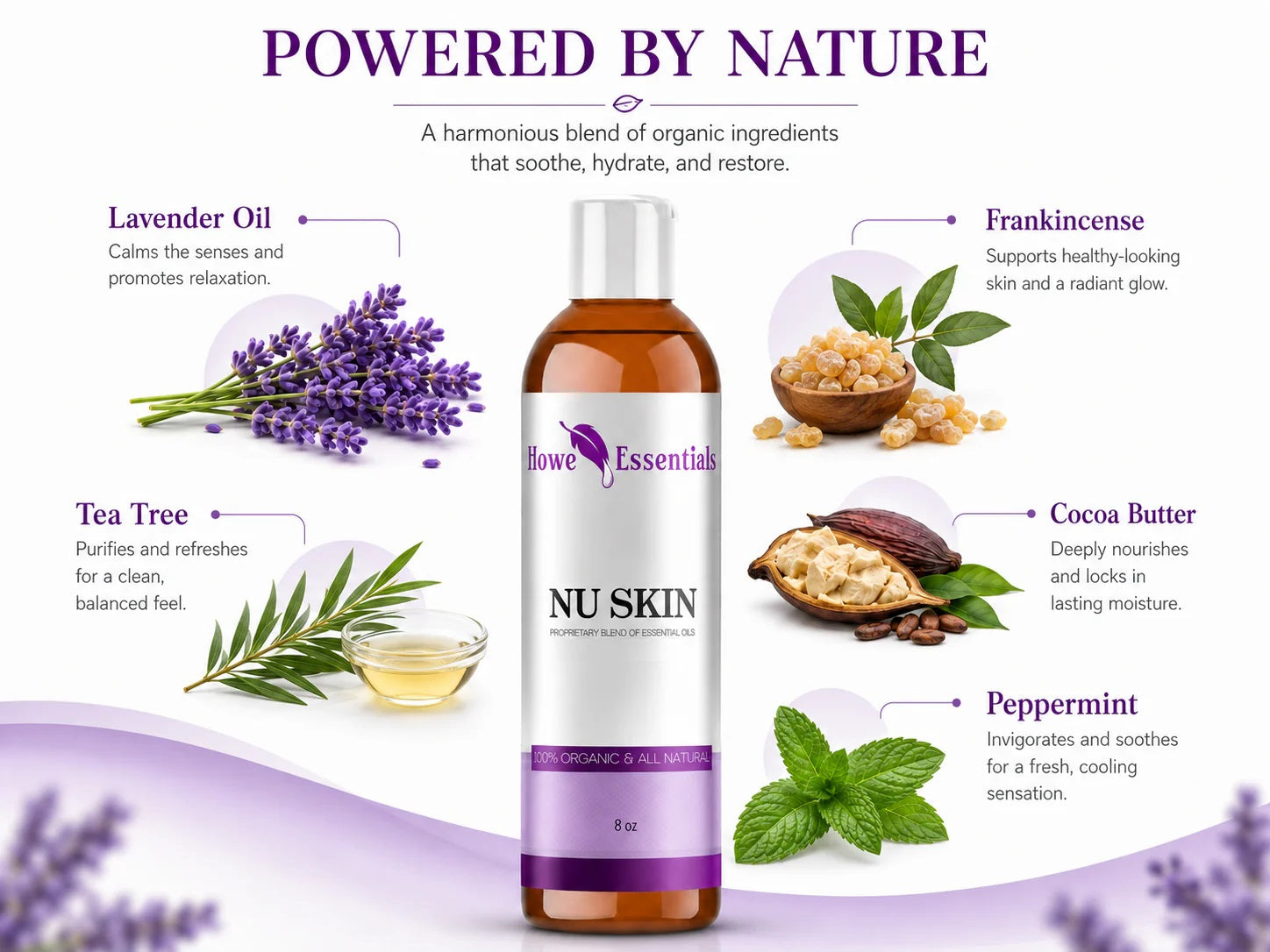 NU SKIN ingredients including lavender, tea tree, frankincense, cocoa butter and peppermint.
