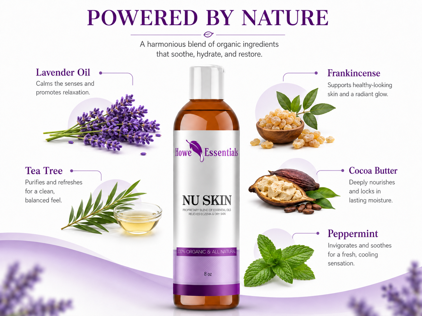 NU SKIN ingredients including lavender, tea tree, frankincense, cocoa butter and peppermint