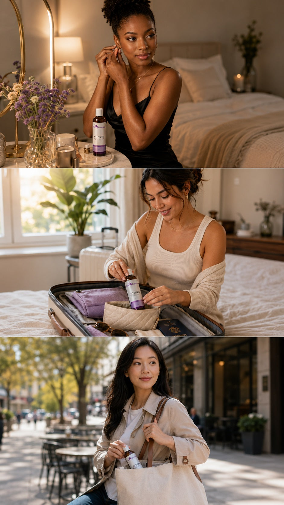 3 Woman preparing to go out after using NU SKIN body oil