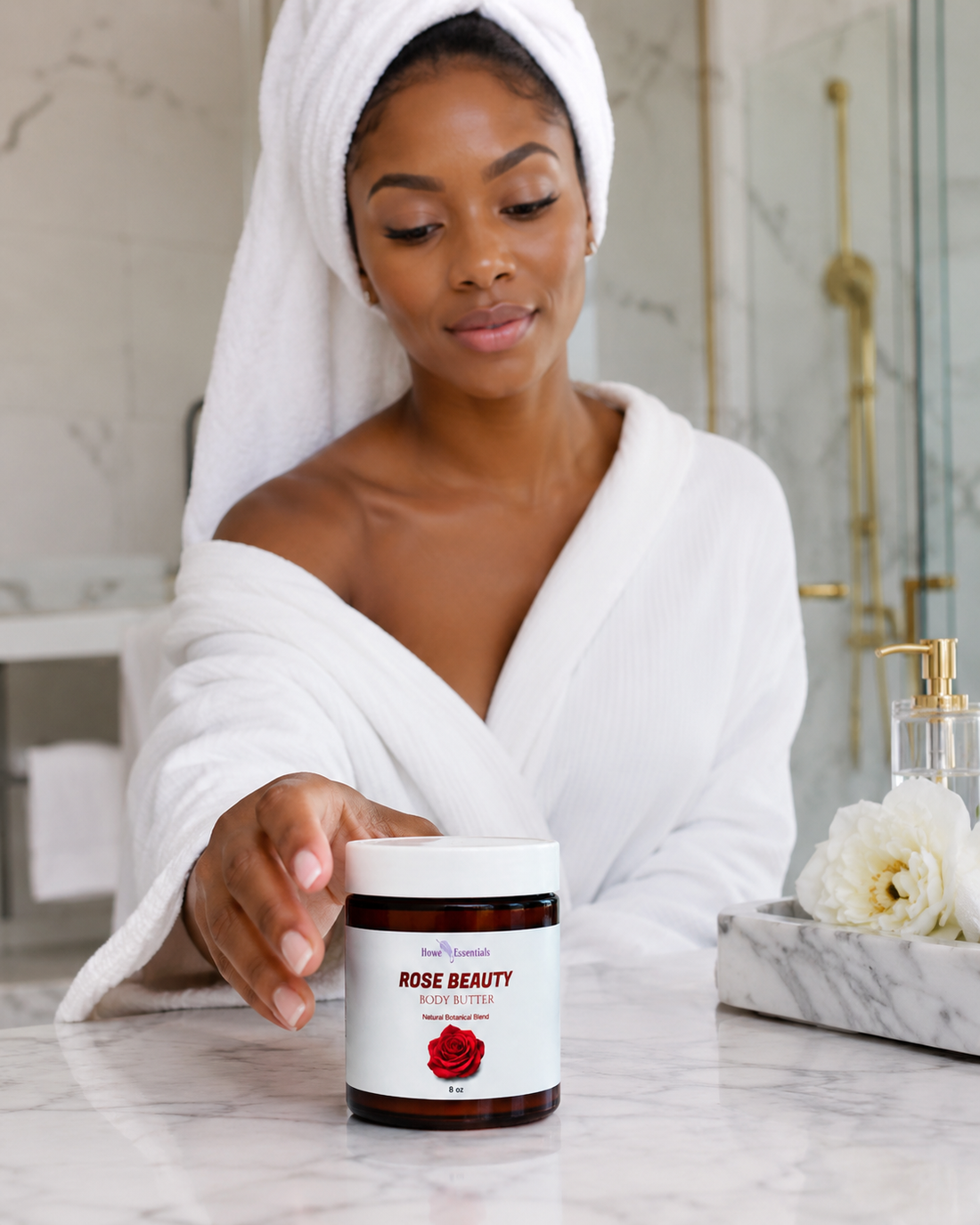 Woman in a white robe holding a jar labeled 'Rose Beauty' in a bathroom setting.